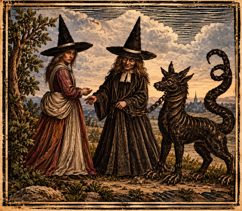 Ilustración editorial de The History of Witches and Wizards, 1720.