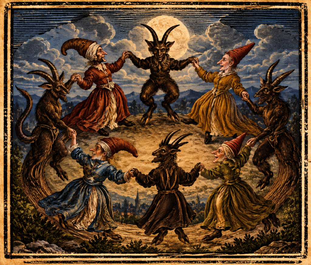 Ilustración editorial de The History of Witches and Wizards, 1720.