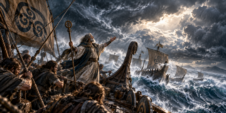 Los Tuatha Dé Danann desencadenaron una tormenta sobrenatural en el océano contra la flota de los Milesios.
